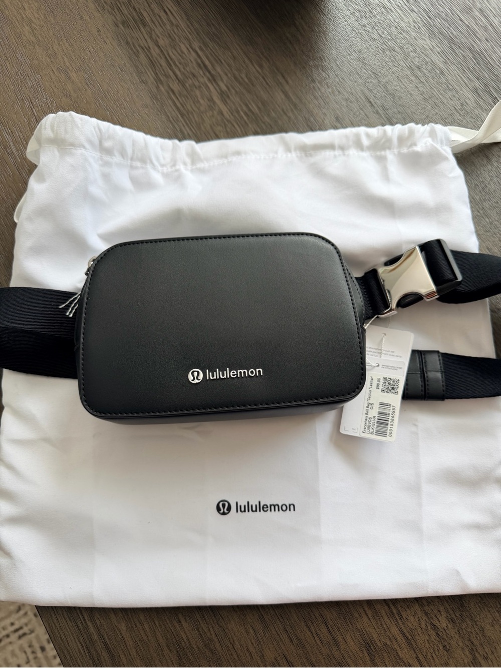 lululemon athletica Black Leather Belt Bag with Silver Buckle